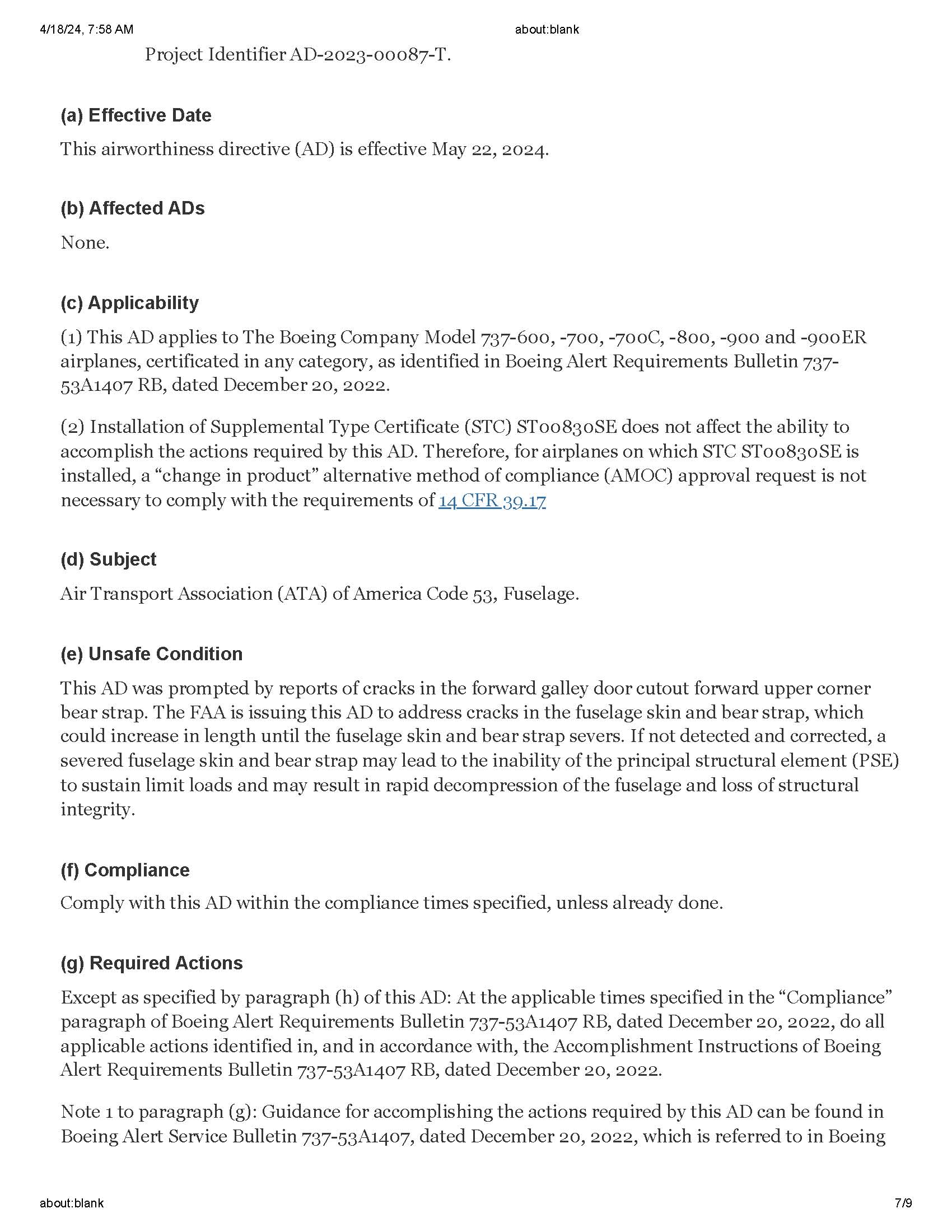 FAA 2024-06-01 : (g) To address cracks in the fuselage skin and bear strap, whichcould increase in length until the fuselage skin and bear strap severs